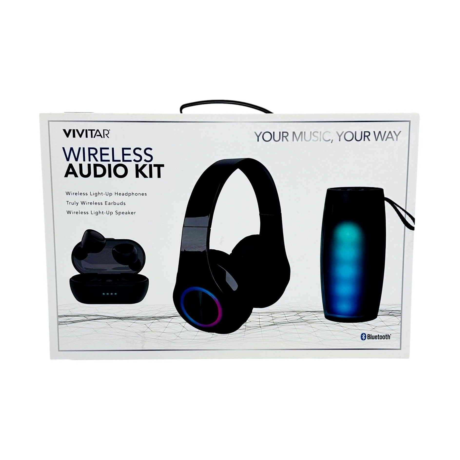 Boxed Vivitar wireless audio kit with light-up headphones, earbuds, and speaker.